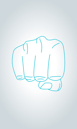 Illustration of front view of right human hand punching towards viewer in thin line style. Clenched fist aimed directly at the viewer. Fist sign hand gesture.のイラスト素材