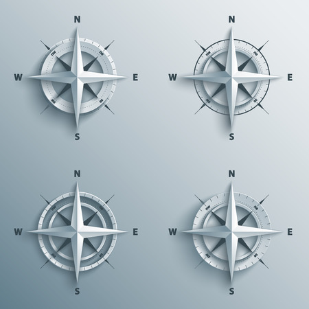 Set of 3d wind roses in paper and origami style. Modern compass and star icon illustration.のイラスト素材