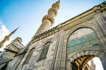 The Blue Mosque Sultanahmet Istanbul, Turkey. Islamic architecture. Closeup facade with minaret and arches.のeditorial素材