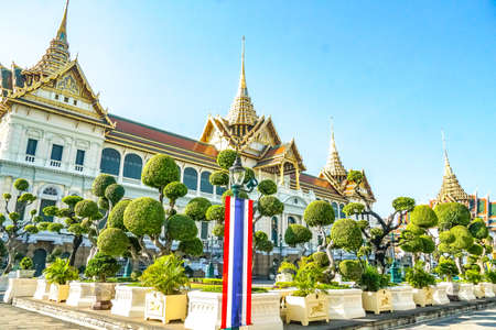 Beautiful Thai traditional pavilion under sunlight in Grand Royal Palace, Bangkok, Thailand. Thailand tourism destination place background.のeditorial素材