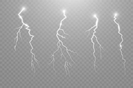 Lightning set. Thunderstorm and lightning. Magical and vivid lighting effects. Vector illustrationのイラスト素材
