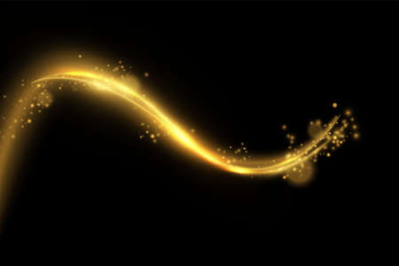 Shimmering waves with light effect isolated on black background. Glittering old dust trail. Abstract motion. Magic lines. Neon effect vector backgroundのイラスト素材