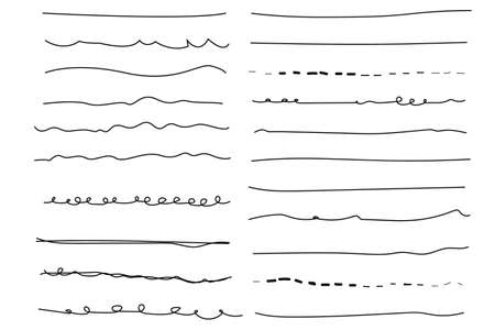 Set of wavy horizontal lines. Set of art brushes for pen. Marker hand-drawn line border set and scribble design elements. Hand drawn grunge brush strokes. Vector illustration, EPS 10.のイラスト素材