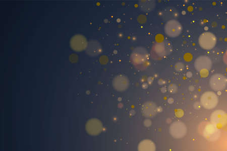 Blurred bokeh light on dark blue background. Christmas and New Year holidays template. Abstract glitter defocused blinking stars and sparks.のイラスト素材