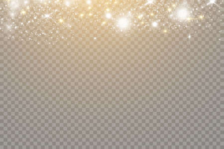 Sparkling magical dust particles. Bokeh effect isolated on transparent background. Christmas concept. Light abstract glowing bokeh lights. Festive purple and golden luminous background.のイラスト素材