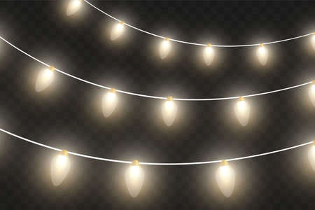 Vector Christmas lights, isolated on a transparent background. Christmas glowing garland. White translucent New Year decoration lights. Led neon lamp. Luminous lights for Christmas holidaysのイラスト素材