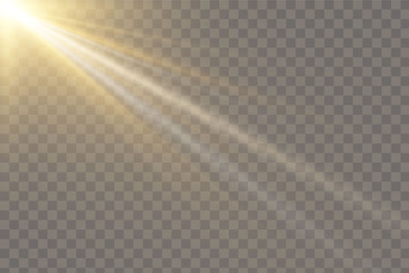 Vector transparent sunlight special lens flash light effect.front sun lens flash. Vector blur in the light of radiance. Element of decor. Horizontal stellar rays and searchlight.のイラスト素材