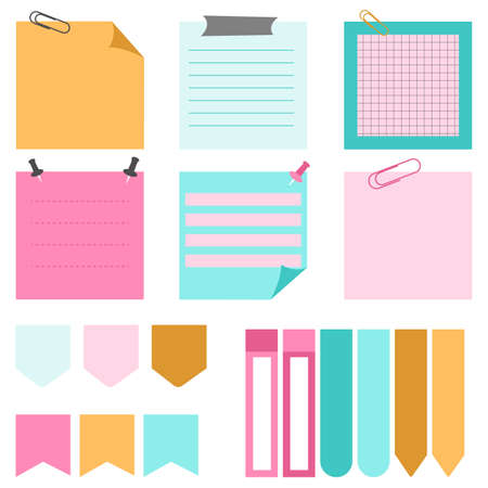 Notebook collection with curled corners, push pins.Paper sticky note flat set. Blank notes with elements of planning. Various tag business office, writing reminds. Isolated vector illustrationのイラスト素材