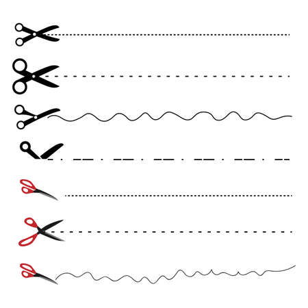 Set of scissors and stationery knife with cut lines. Scissors with cut lines, coupon cutting icon. Scissor cutting icon vector illustration. Isolated on transparent backgroundのイラスト素材