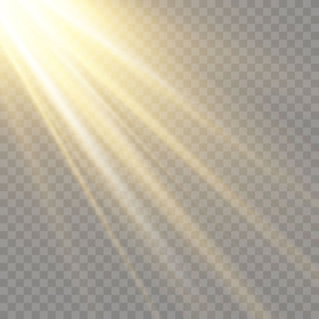 Vector transparent sunlight special lens flash light effect.front sun lens flash. Vector blur in the light of radiance. Element of decor. Horizontal stellar rays and searchlight.のイラスト素材
