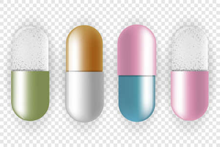 Set of color pills and tablets on transparent background. Medical and healthcare concept. Medications. Vector illustration.のイラスト素材