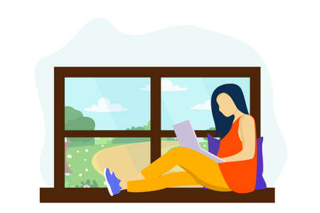 girl with laptop sitting on the window.Freelance or training concept. Cute illustrations in flat style.のイラスト素材