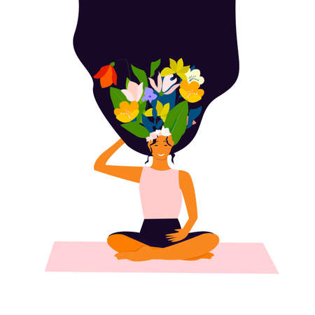 Postcard for March 8 on the occasion of International Women's Day. Bouquet Bright Spring Flowers Thoughts Girl.Happy Girl.Vector Illustrationのイラスト素材