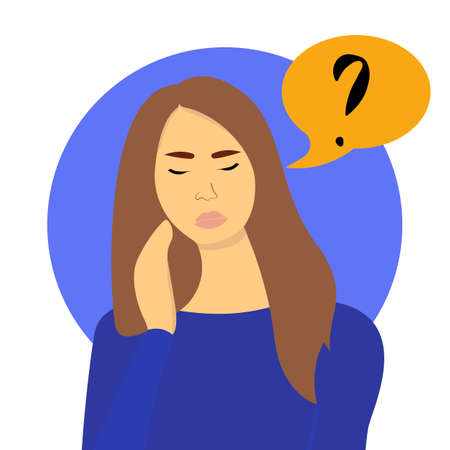 problem solving concept, woman thinking, with question mark and light bulb icons. creative idea. Hand drawn style vector design illustrationsのイラスト素材