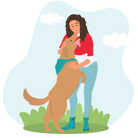 Cartoon happy girl hugging her dog. Walking outdoorsのイラスト素材