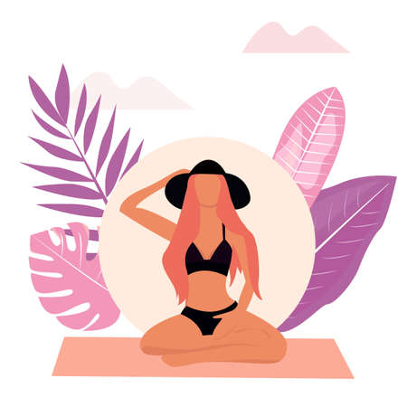 Meditation, body health benefits, mind and emotion control, starting and searching for ideas. A woman is sitting in a lotus position in a swimsuit.Summer time. Flat concept vector illustration.のイラスト素材