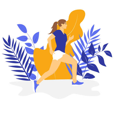Young woman jogging. Active healthy lifestyle concept, running, city competition, marathons, cardio workout, exercise. Isolated vector illustrations for flyer, leaflet, advertising bannerのイラスト素材