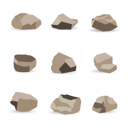 Rock stones. Graphite stone, coal and rocks pile for wall or mountain pebble. Gravel pebbles, gray stone heap cartoon isolated icons illustration set.のイラスト素材