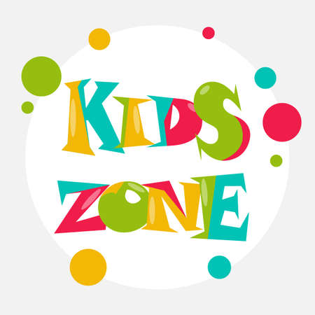 Kids zone colorful banner card. A bright decoration element for a children's party. Subscription for a children's playroom. Multicolored type design with abstract shapes.のイラスト素材