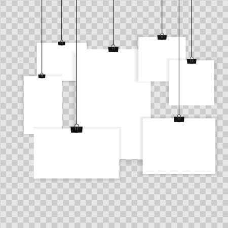 Vertical and horizontal template sheet.Image vector white poster hanging on binder. Gray wall with mock up empty paper blank.のイラスト素材