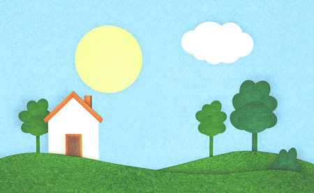 Illustration of a house in the countryside With clear weatherの写真素材