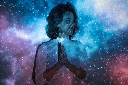 Portrait of a woman connecting with the universeの写真素材