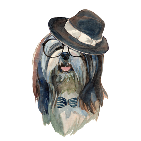 The Lhasa Apso dog - hand painted, isolated on white background watercolor hipster dog portraitの写真素材