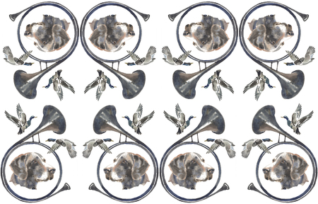 Hand painted watercolor pattern, Kurzhaar dog and wild duck and hunting accessoriesの写真素材