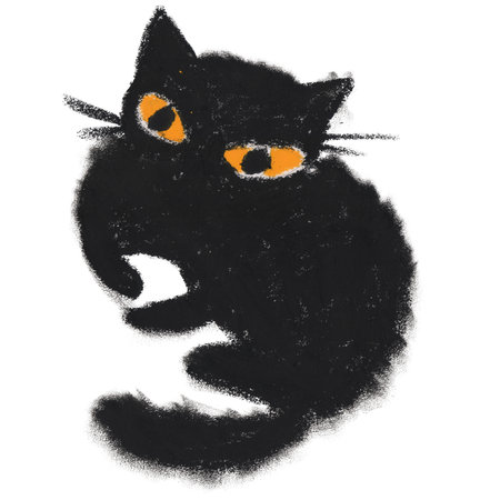 The halloween black cat. Hand painted, isolated on white background oil pastel black cat.の写真素材