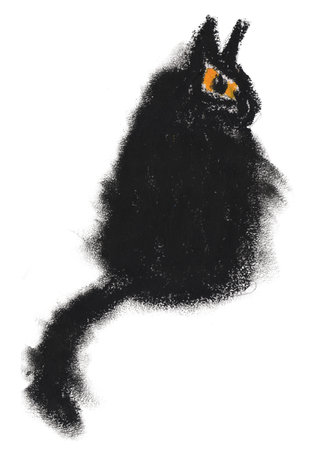 The Halloween black cat. Hand painted, isolated on white background oil pastel black cat.の写真素材
