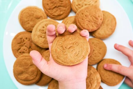 Kid's hands hold baked cookies over white plate with cookies. Close-up of child's hands. Cristmas...
