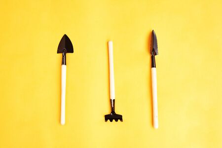 The tools, implements and farm or household equipment on yellow background. Top view. Space for...
