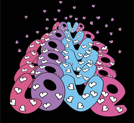 pink blue purple cartoon multicolored funny letters in the form of a pyramid Glitter pink heart, valentine day ,vector illustration on black backgroundのイラスト素材