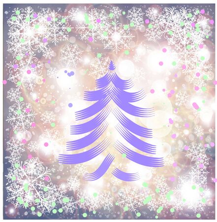 illustration of a purple christmas tree on blue pink snowflake background. winters greeting card icon.の写真素材