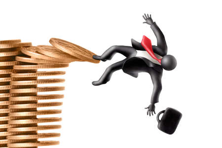 Plasticine figure of businessman falling down from the stack of coinsの写真素材