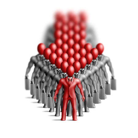 Gray plasticine figure with red hand arranged as an arrow on a white backgroundの写真素材