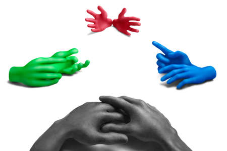 Multicolored plasticine hands on a white background