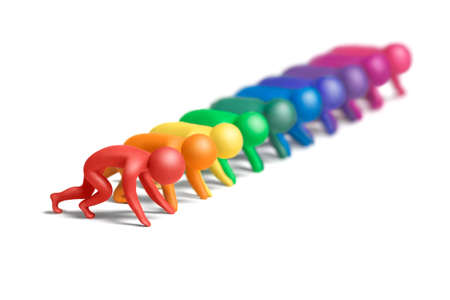 Multicolored  plasticine human figures on a starting lineの写真素材