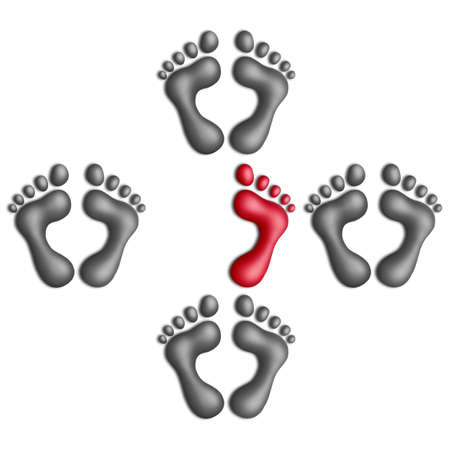 One-footed plasticine footprint among two-footed ones on a white backgroundの写真素材