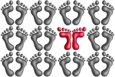 Red plasticine footprints among gray ones on a white backgroundの写真素材