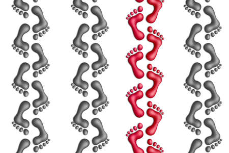 Red plasticine footprints among gray ones on a white backgroundの写真素材