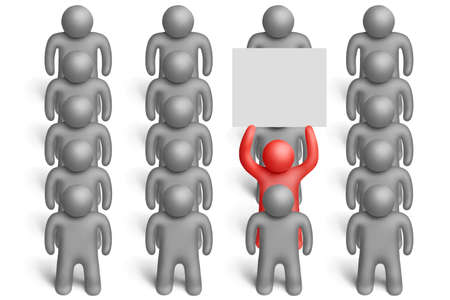 Red plasticine figure with placard among gray ones on a white backgroundの写真素材