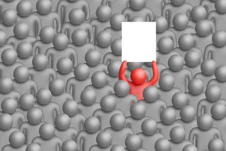 Red plasticine figure with placard among gray ones on a white backgroundの写真素材