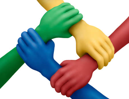 Connected muticolored plasticine hands on a white background