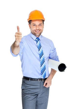 Office clerk on orange helmet on white backgroundの写真素材