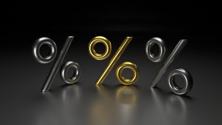 3D sign of golden percent on a dark backgroundの写真素材