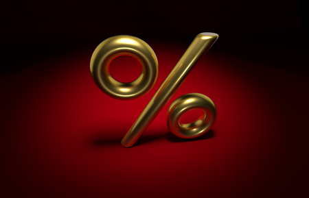 3D sign of golden percent on a dark backgroundの写真素材