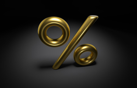 3D sign of golden percent on a dark backgroundの写真素材