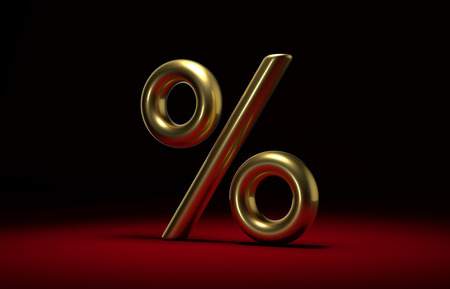 3D sign of golden percent on a dark backgroundの写真素材