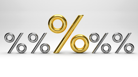 3D sign of golden percent on a white backgroundの写真素材